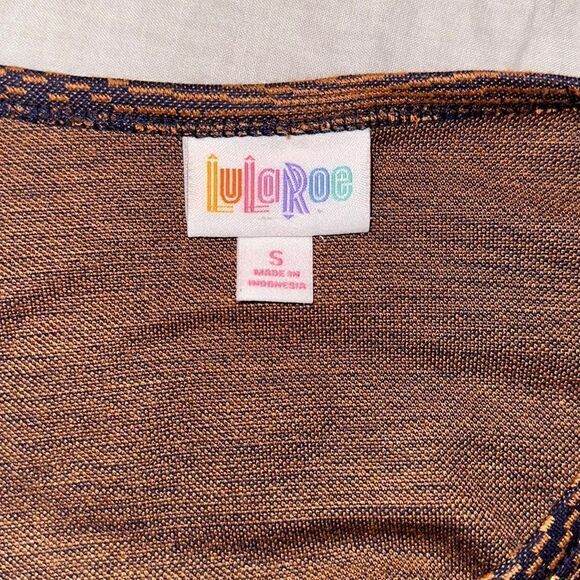 LuLaRoe S Carly Burnt Orange Indigo Blue Knit Crewneck Short Sleeve Hi Low Dress - Picture 7 of 10